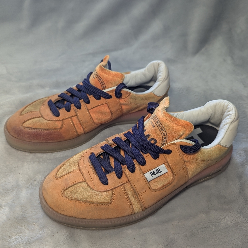 P448 Monza Italian Suede Sneaker, Orange with Purple Laces, Gumsole, EU Size 38